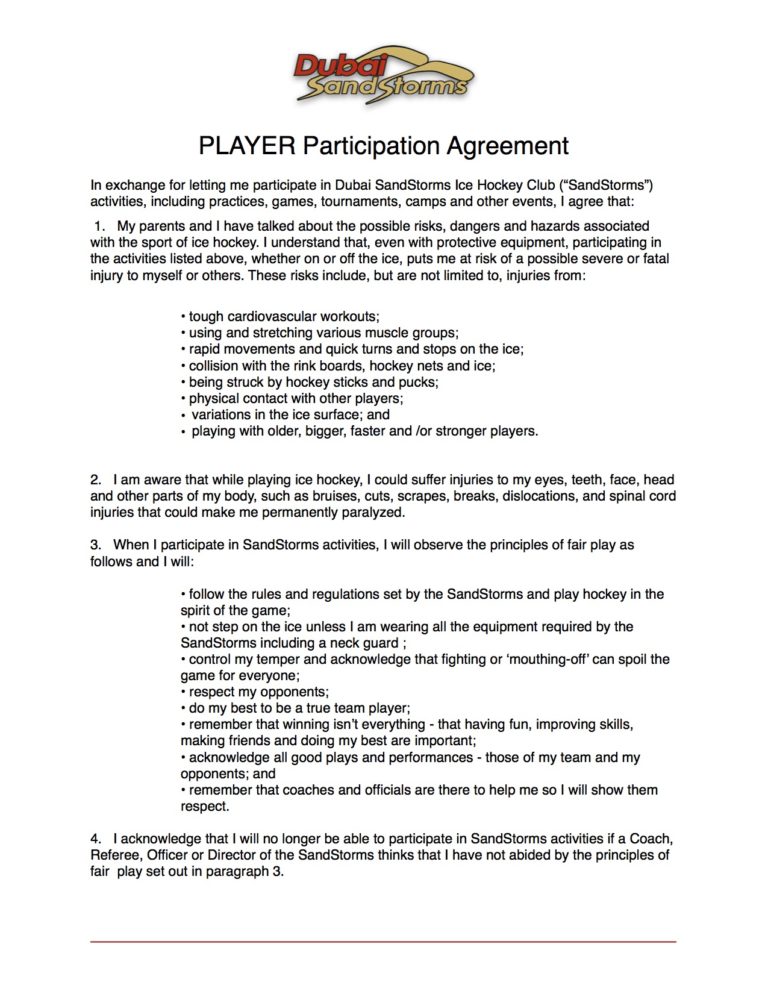 Player And Parent Agreement – SandStorms Hockey League